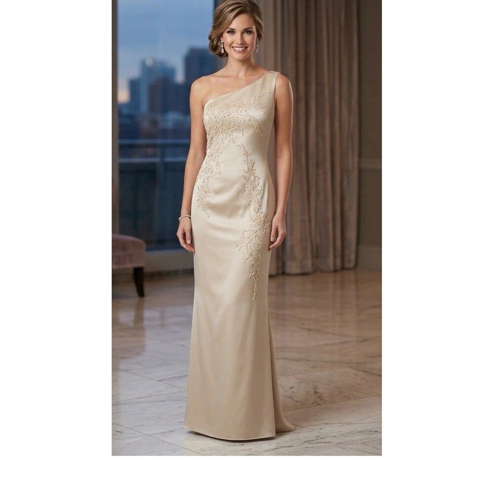 Eureka One Shoulder Beige Embroidered Gown Medium Size M